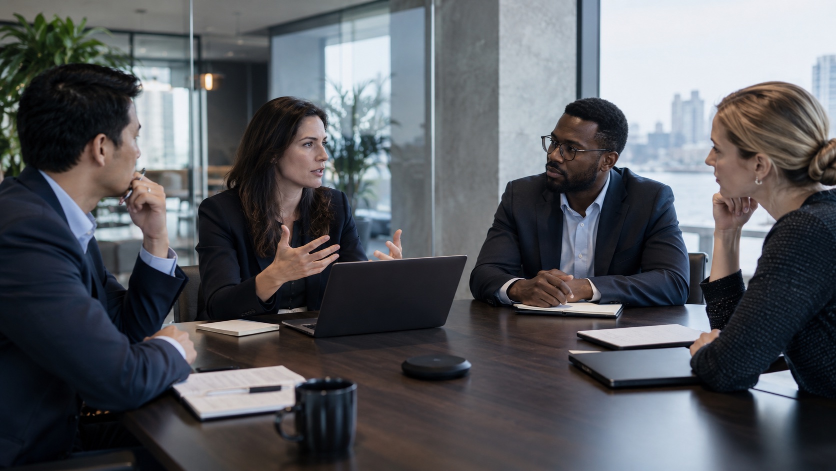 A team discussing priorities around a conference table